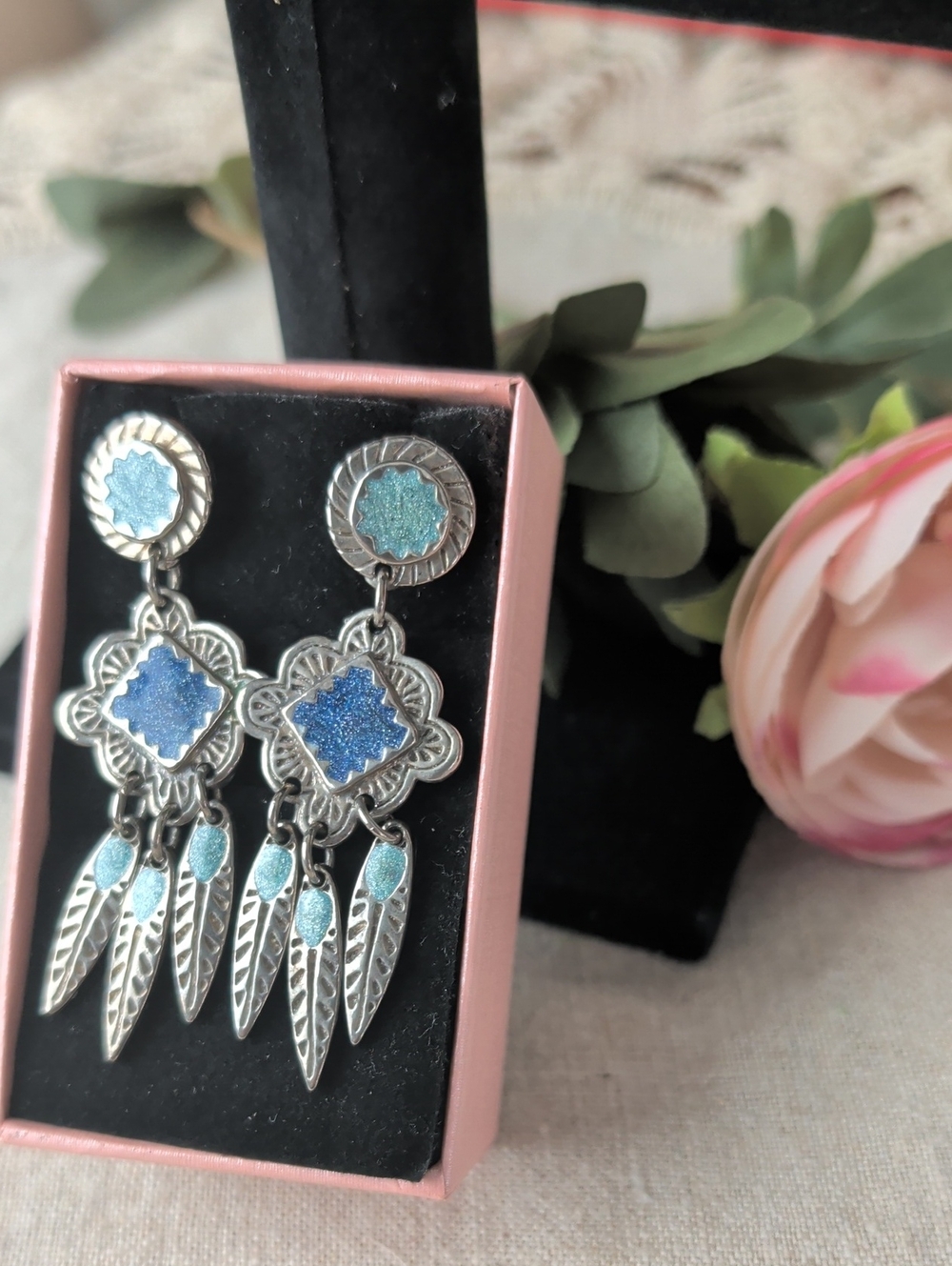 Vintage Edgar Berebi Signed Blue Enamel Feather Dangle Earrings Boho Statement